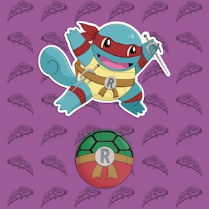 May include: A sticker and a button featuring a cartoon turtle character with a red headband, blue skin, and a yellow shell. The button is green, red, and gold with a white letter "R". The background is purple with pizza slices.