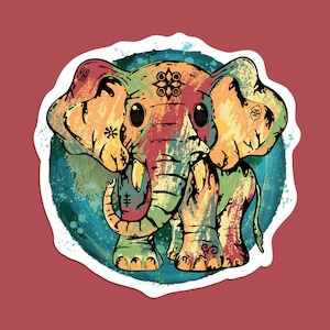 May include: A colorful illustration of an elephant with a mandala design on its forehead. The elephant is surrounded by a blue and green watercolor background.