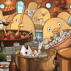 May include: A cartoon illustration of a kitchen with yellow duck-like creatures preparing a meal. The kitchen features a large pot of stew, a fish being prepared, and a basket of vegetables. The illustration is in a whimsical style with bright colours and a playful tone.