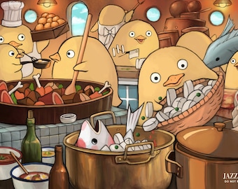 Spirited Away Chicks Cooking in the Kitchen - Studio Ghibli 10 inch Art Print