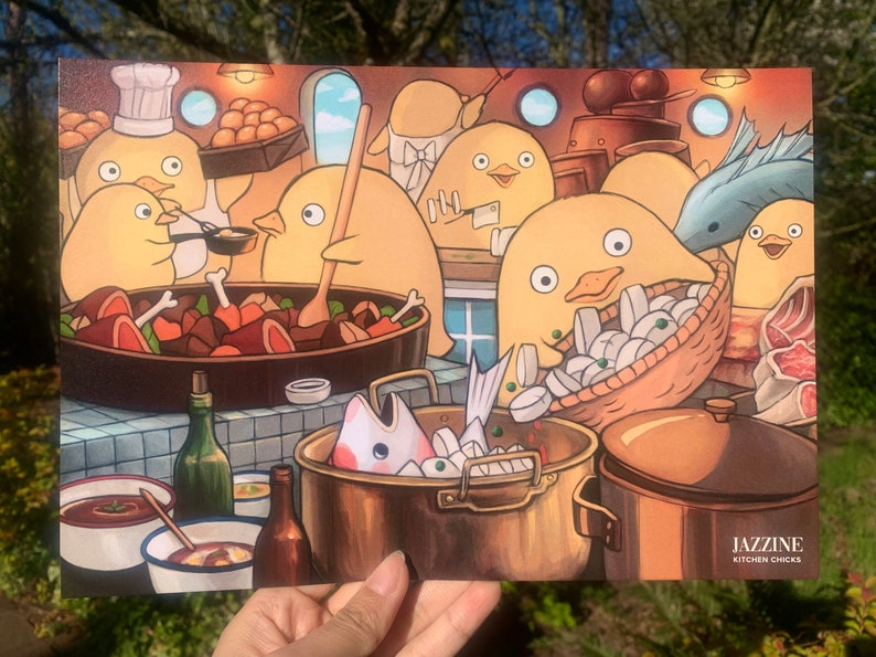 May include: A colourful illustration of a kitchen scene with cartoon chickens preparing a meal. The chickens are wearing chef hats and aprons and are cooking various dishes, including a pot of stew, a pan of fish, and a basket of vegetables. The illustration is titled "Jazzine Kitchen Chicks".