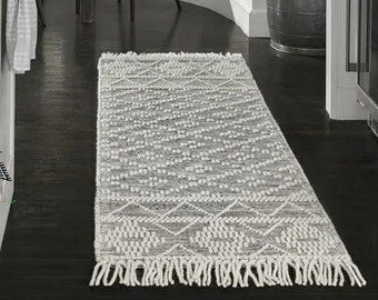 Hand Woven Wool Area Rugs, Geometric Flat Weave Ivory/Off White Charcoal Runner Chunky Wool Rugs 5x8 8x10 Rugs Bedroom Rugs Living Room Rugs