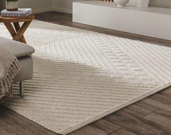 Modern Area Rug Hand Woven Wool Ivory/Off White, Chunky Wool Rug Modern Rug 4x6 5x8 6x9 8x10 9x12 Rugs Bedroom Rugs Living Room Indoor Rugs