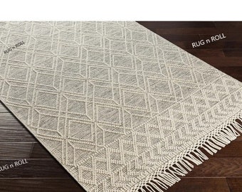 Hand Woven Wool Area Rugs, Geometric Dhurrie, Ivory/Off White Runner Chunky Wool Rugs 5x8 6x9 8x10 Rugs Modern Bedroom Rugs Living Room Rugs