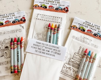 Monster Truck Coloring Packs + Crayons, Customizable Monster Truck Birthday Coloring Pages, Monster Truck Party Favor, Monster Jam Party