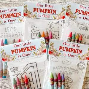 May include: Clear cellophane bags containing crayons and colouring pages. Each bag has a label reading "Our little PUMPKIN is One!" with pumpkin illustrations. Some bags say "Happy Birthday Bailey!" and "LET'S CELEBRATE".