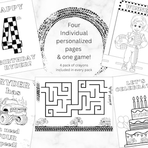 May include: Four black and white coloring pages featuring a birthday theme with the name Ryder. The pages include a birthday cake, a monster truck, a race car, and a maze. The text on the pages reads "Happy 4th Birthday Ryder!" "Ryder has a need for speed!" "Winner!" and "Let's Celebrate!"