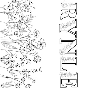 May include: Black and white floral design with the name "BRYNLEE" in capital letters. The letters are outlined and decorated with floral elements. The left side of the image features various floral and botanical illustrations.