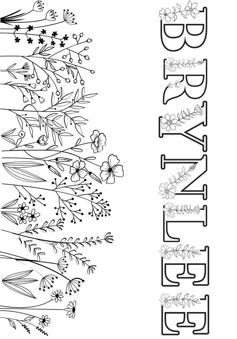 May include: Black and white floral design with the name "BRYNLEE" in capital letters. The letters are outlined and decorated with floral elements. The left side of the image features various floral and botanical illustrations.