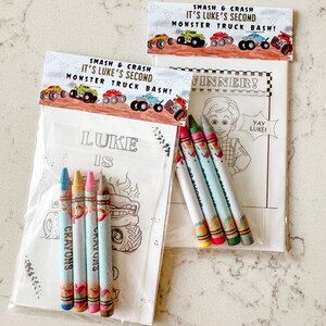 May include: A party favor bag with a coloring page featuring a monster truck and the text "LUKE IS". The bag includes four crayons with the word "CRAYONS" printed on them. The bag also has a sticker that says "SMASH & CRASH IT'S LUKE'S SECOND MONSTER TRUCK BASH!"