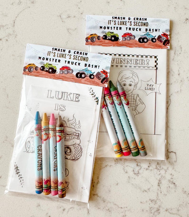 May include: A party favor bag with a coloring page featuring a monster truck and the text "LUKE IS". The bag includes four crayons with the word "CRAYONS" printed on them. The bag also has a sticker that says "SMASH & CRASH IT'S LUKE'S SECOND MONSTER TRUCK BASH!"