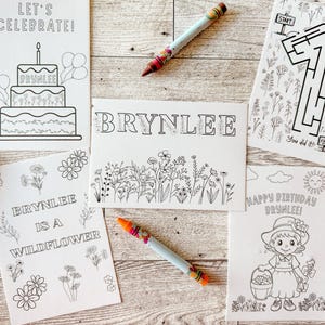 May include: A collection of coloring pages with the name "BRYNLEE" and birthday-themed illustrations. Includes a cake, a maze, and the text "LET'S CELEBRATE!" and "HAPPY BIRTHDAY BRYNLEE!" along with crayons.