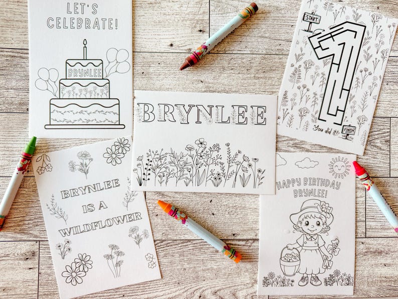 May include: A collection of coloring pages with the name "BRYNLEE" and birthday-themed illustrations. Includes a cake, a maze, and the text "LET'S CELEBRATE!" and "HAPPY BIRTHDAY BRYNLEE!" along with crayons.