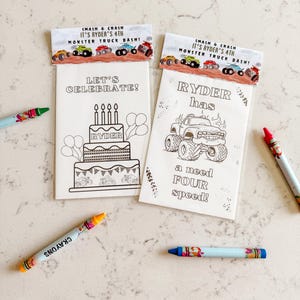 May include: Two coloring pages for a birthday party. One page features a monster truck with the text "Ryder has a need for speed!" The other page features a birthday cake with the text "Let's Celebrate!" and "Ryder".