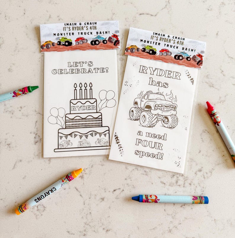 May include: Two coloring pages for a birthday party. One page features a monster truck with the text "Ryder has a need for speed!" The other page features a birthday cake with the text "Let's Celebrate!" and "Ryder".