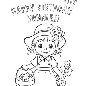 May include: Black and white line art illustration of a girl holding a basket of flowers and a bouquet. The image includes the text "HAPPY BIRTHDAY BRYNLEE!" along with a smiling sun and clouds.