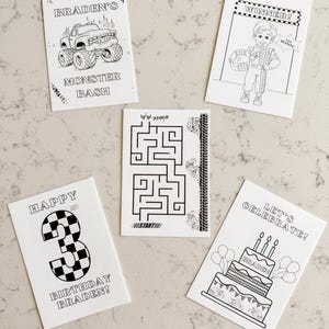 May include: A set of printable coloring pages for a monster truck themed birthday party. The pages feature a monster truck, a maze, a birthday cake, and a race car driver. The text on the pages includes "Braden's Monster Bash", "Happy 3rd Birthday Braden!" and "Let's Celebrate!"