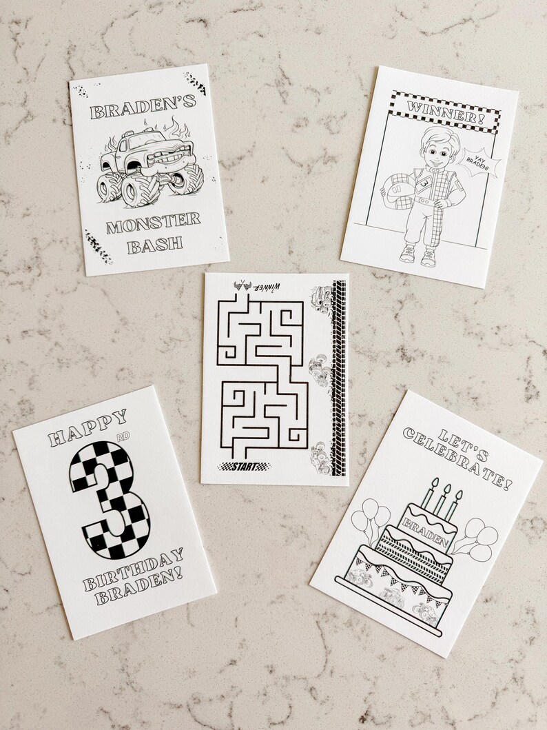 May include: A set of printable coloring pages for a monster truck themed birthday party. The pages feature a monster truck, a maze, a birthday cake, and a race car driver. The text on the pages includes "Braden's Monster Bash", "Happy 3rd Birthday Braden!" and "Let's Celebrate!"