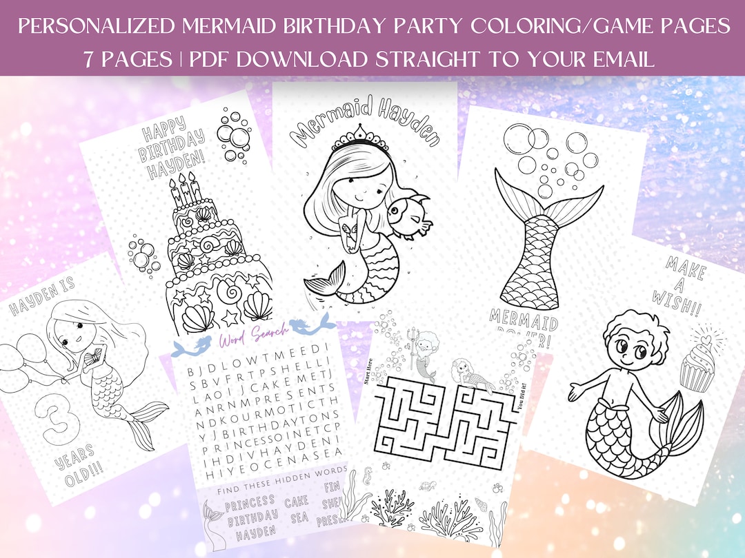 Customizable Printable Mermaid Birthday Coloring Pages/games, Mermaid ...