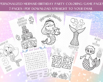 Customizable Printable Mermaid Birthday Coloring Pages/Games, Mermaid Birthday Party Favor, Mermaid, Customized Kids Present