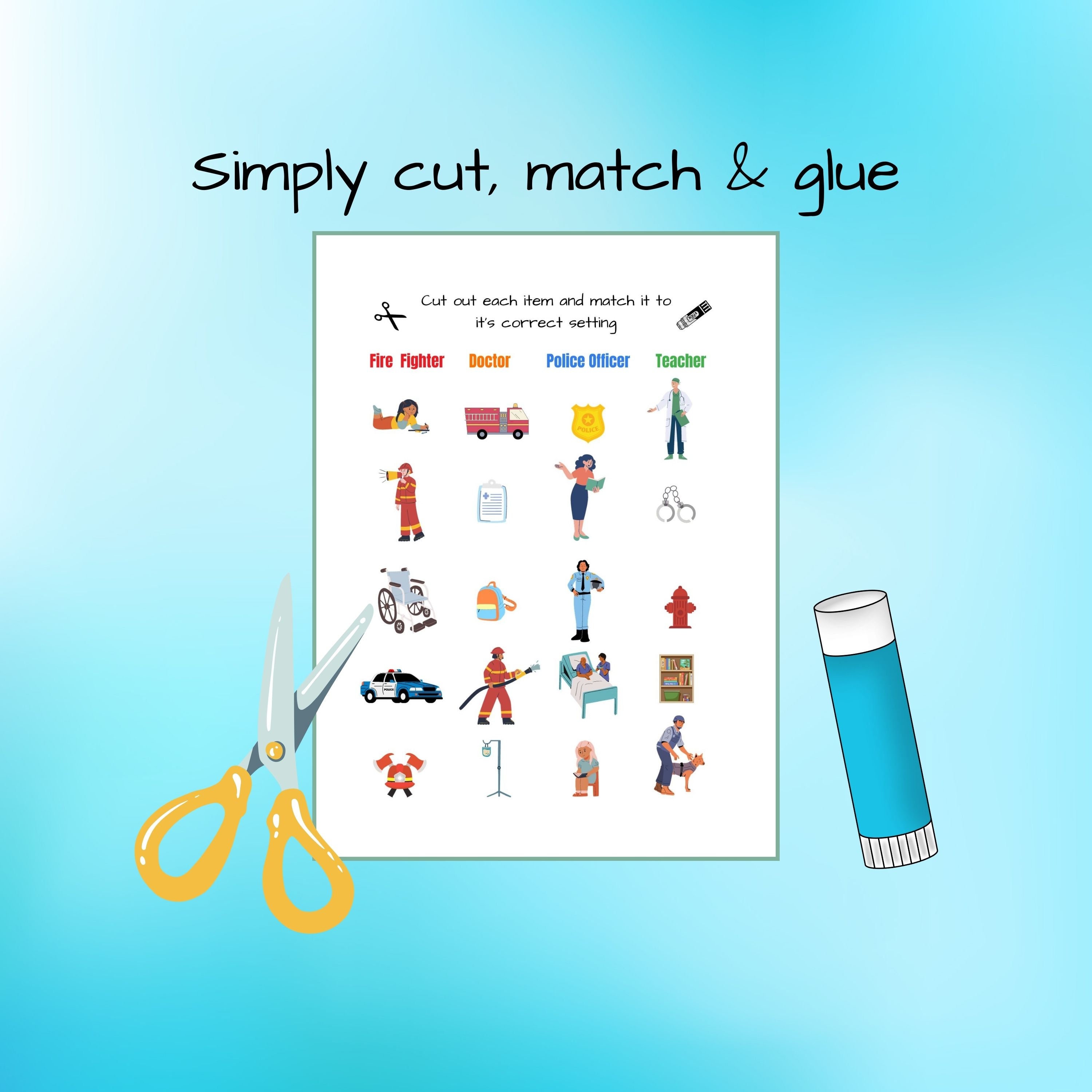 Printable Matching Activity for Kids Careers Cut and Paste - Etsy Australia