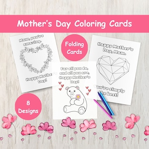 Cartoline da colorare per la Festa della mamma per bambini / 8 biglietti d'auguri pieghevoli / Attività in classe / Genitori e insegnanti stampabili / Download istantaneo