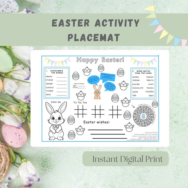 Printable Kids Easter Activity Placemat, Easter lunch activity mat, Easter Coloring, Puzzle Placemat, Instant PDF Download, Classroom Fun