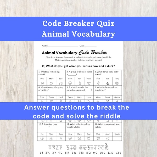 Animal Vocabulary Code Breaker Worksheet | Animal Terms Quiz | Animal Words Activity | Homeschool Activity | Science/English Worksheet