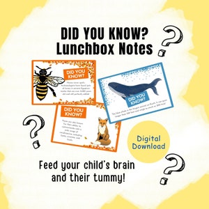 Notes de boîte à lunch pour enfants, anecdotes amusantes à imprimer sur le déjeuner, enfants Le saviez-vous ? cartes, PDF à téléchargement immédiat, Messages de connaissances, Notes secrètes