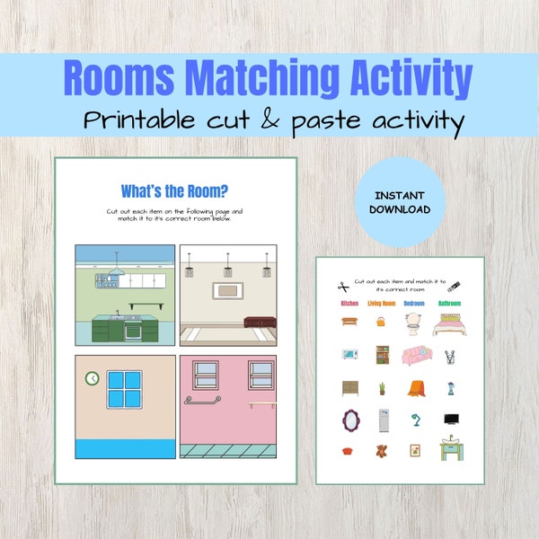 Printable Matching Activity For Kids, Rooms in the house theme , For Teachers & Parents, Instant PDF Download, Student Cut and Paste