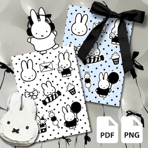 May include: A collection of Miffy-themed designs in black and white, featuring the iconic bunny character with various accessories and patterns. Includes a bunny-shaped cake and two digital file icons labeled "PDF" and "PNG".