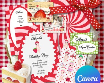 LARGE VALUE PACK* strawberry sonny angel themed birthday event invitation + sticker sheet editable template | trinket series