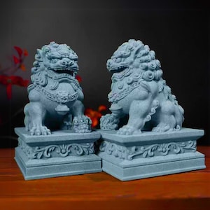 Due set di sculture di cani Foo guardiani, decorazione orientale, statua cinese Feng Shui, decorazione da giardino zen, decorazione per acquario, finitura in pietra arenaria