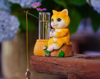 Cute Fishing Cat With Flower Art Sculpture Outdoor Decor Cat Figurine Mini Fishing Statue Statue Sitting Fisherman Figurine Decoration