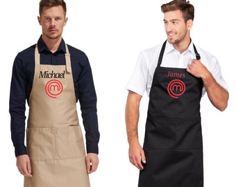 Naam geborduurd Masterchef schort met zakken voor vrouwen mannen gepersonaliseerde Masterchef schort volledige lengte schort cadeau voor vader en moeder