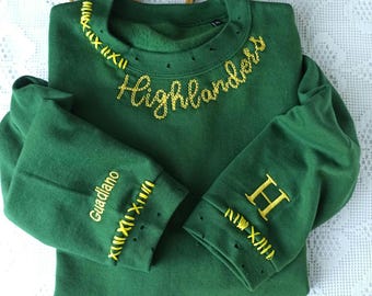 Custom Embroidered Sweatshirt Hand Distressed Crewneck Personalized Gift For Him Her, Football Sweatshirt Sports Mom Sweatshirt Highlanders.