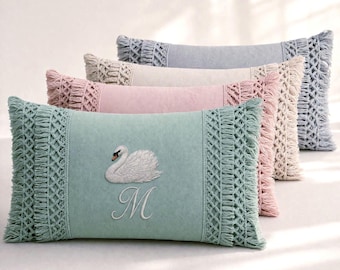 Embroidered Pillow Custom French Country Decor Pillows Monogrammed With Insert Boho Pillows New Home Gift Set Vintage decorative Bird Lovers