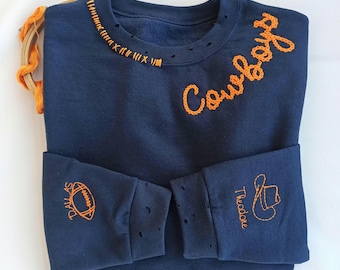 Custom Embroidered Sweatshirt, Hand Distressed Crewneck Personalized Gift For Him Her, Football Sweatshirt Sports Mom Sweatshirt