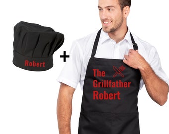 Personalización del bordado del nombre de Grillfather, regalo del Día del Padre, delantal personalizado Grillfather, sombrero de chef personalizado, regalo para papá, conjunto de 2.