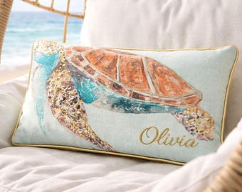 Personalized Coastal Decor Pillow Sea turtle Summer Beach house Gifts Sequin Detailing Custom Initials Gold Ocean Lover Gift