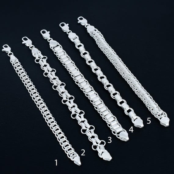 925 Silver Plated Chain Bracelet Women Men, Byzantine, Cable