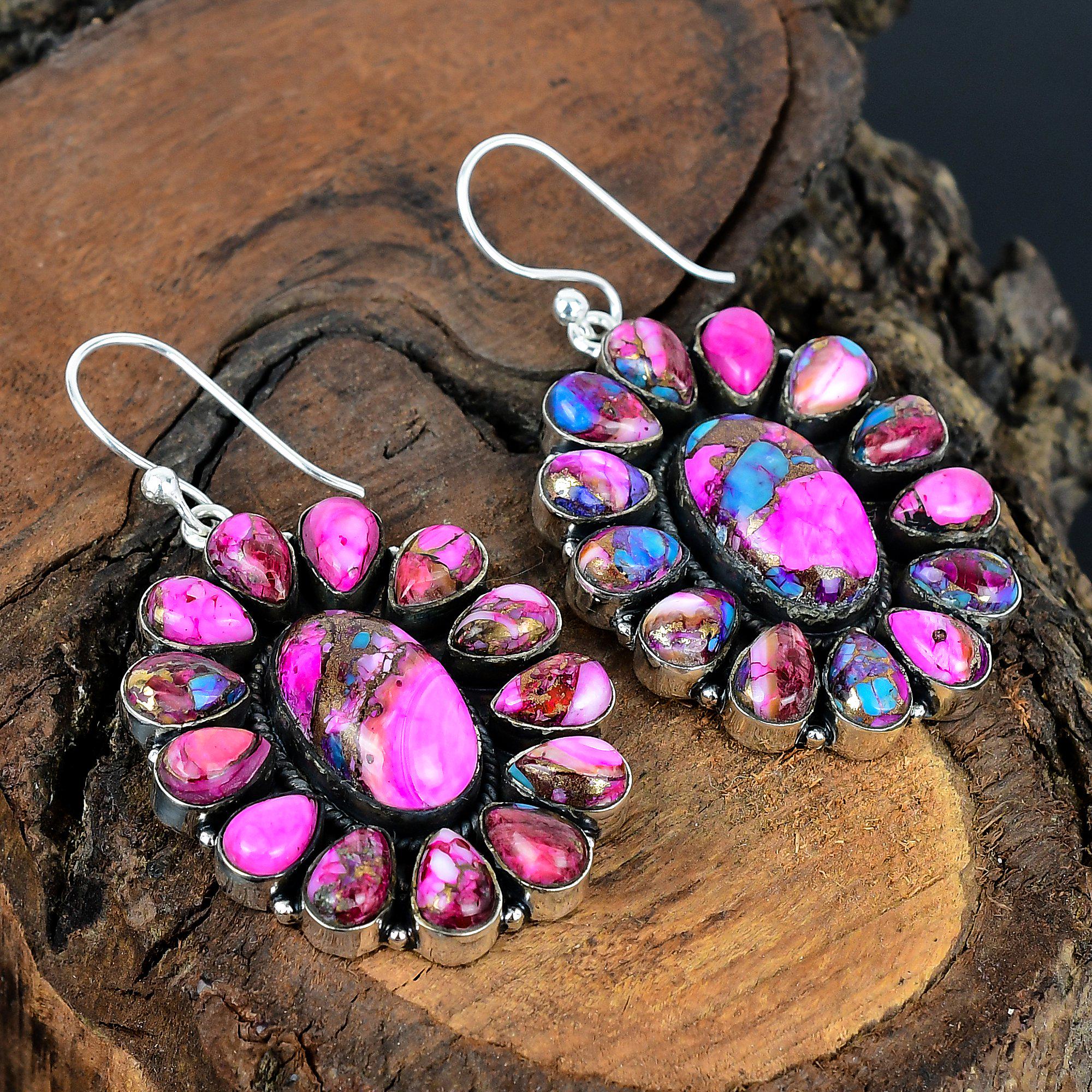 Kingman Pink Dahlia Turquoise Earring Sterling Silver Gemstone