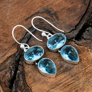 Blue Topaz Gemstone Sterling Silver 925 Earrings Dangle/Drop Silver Earrings Blue Topaz Stone Handmade Silver Earrings Jewelry For Her