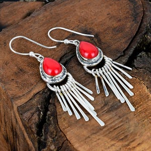 Red Coral Gemstone Earrings Handmade Sterling Silver Earrings Red Coral Gemstone Handmade Silver Earrings Red Coral Stone Earring For Her