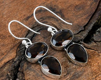 Boucles d'oreilles quartz fumé avec pierres précieuses Boucles d'oreilles quartz fumé Boucles d'oreilles en argent sterling faites main avec pierres précieuses de quartz Boucles d'oreilles en argent sterling pour elle