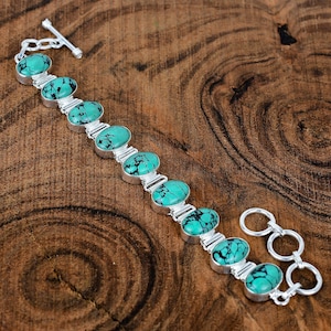 Tibetan Turquoise Gemstone Bracelet Handmade Silver Bracelet Sterling Silver Turquoise Bracelet Turquoise Silver Bracelet Gift For Her