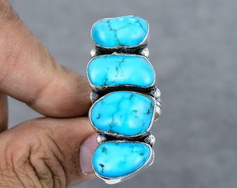 Tibetan Turquoise Gemstone Ring Sterling Silver Handmade Ring Kingman Turquoise Ring Handmade Silver Jewelry Ring Gift For Christmas