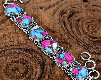 Cotton Candy Turquoise Gemstone Bracelet Handmade Silver Bracelet Sterling Silver Heart Turquoise Gemstone  Bracelet Turquoise Bracelet
