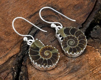 Ammonite Fossil Gemstone Earrings Sterling Silver Handmade Earrings Ammonite Fossil Gemstone Earrings Jewelry Fossil Stone Earrings For Her