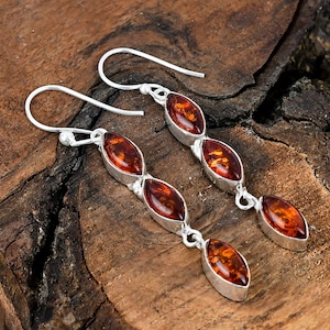 Amber Stone Earrings Baltic Amber Gemstone Sterling Silver Earrings Dangle/Drop Silver Earrings Baltic Amber Gemstone Handmade Earrings